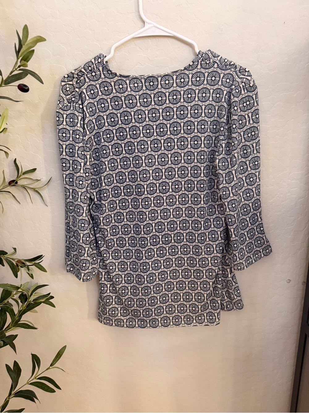 Women's Navy and White Patterned Blouse - Picture 3 of 4